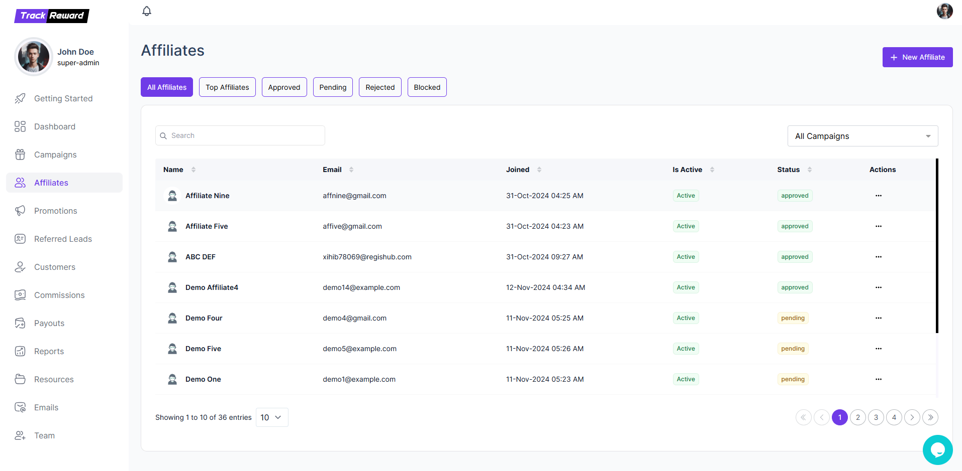 Affiliates screenshot